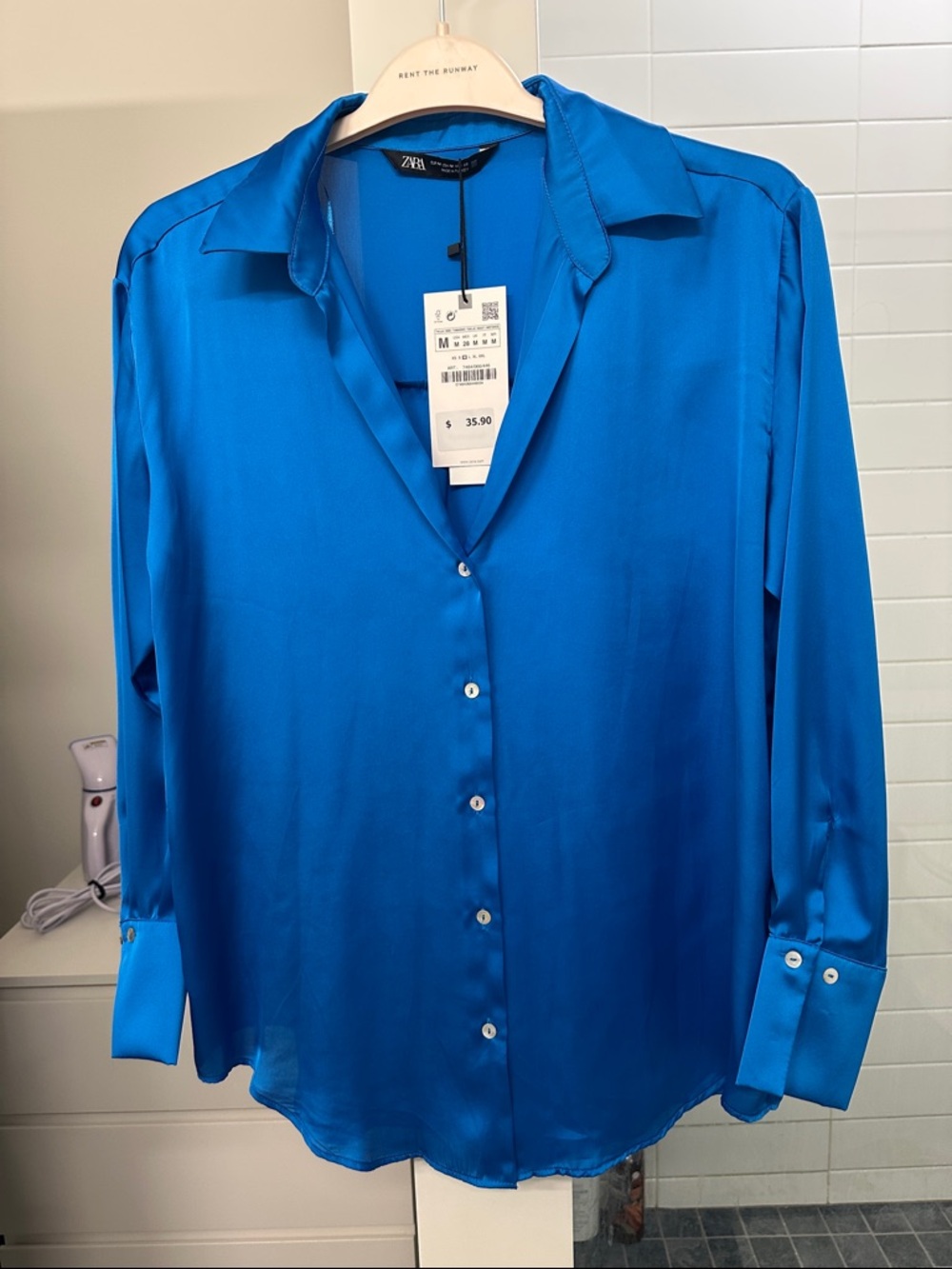 Zara Electric Blue Satin Button-Front Blouse